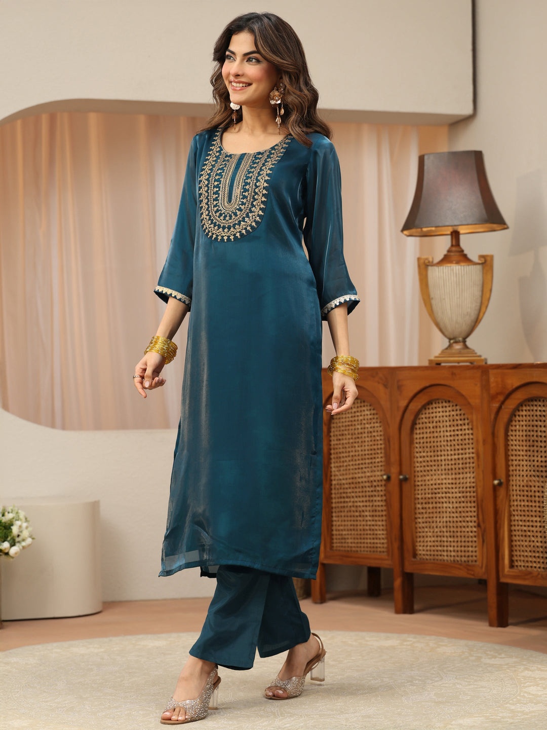  Navy Blue Yoke Design Tissue Straight Suit Set 