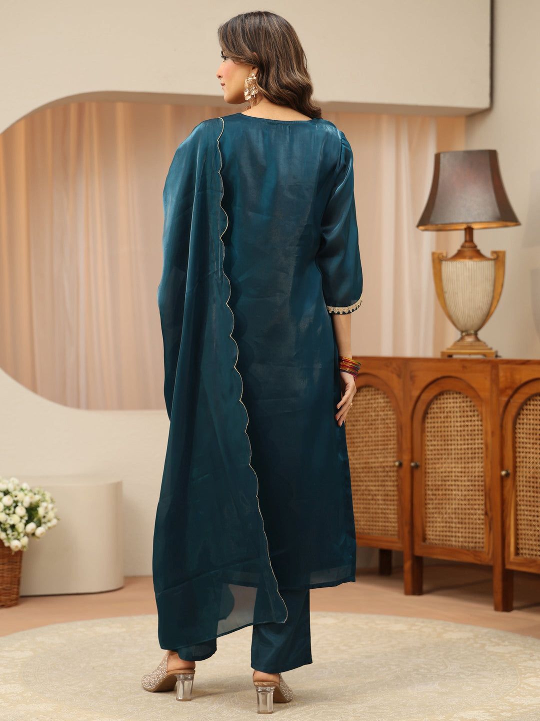  Navy Blue Yoke Design Tissue Straight Suit Set 