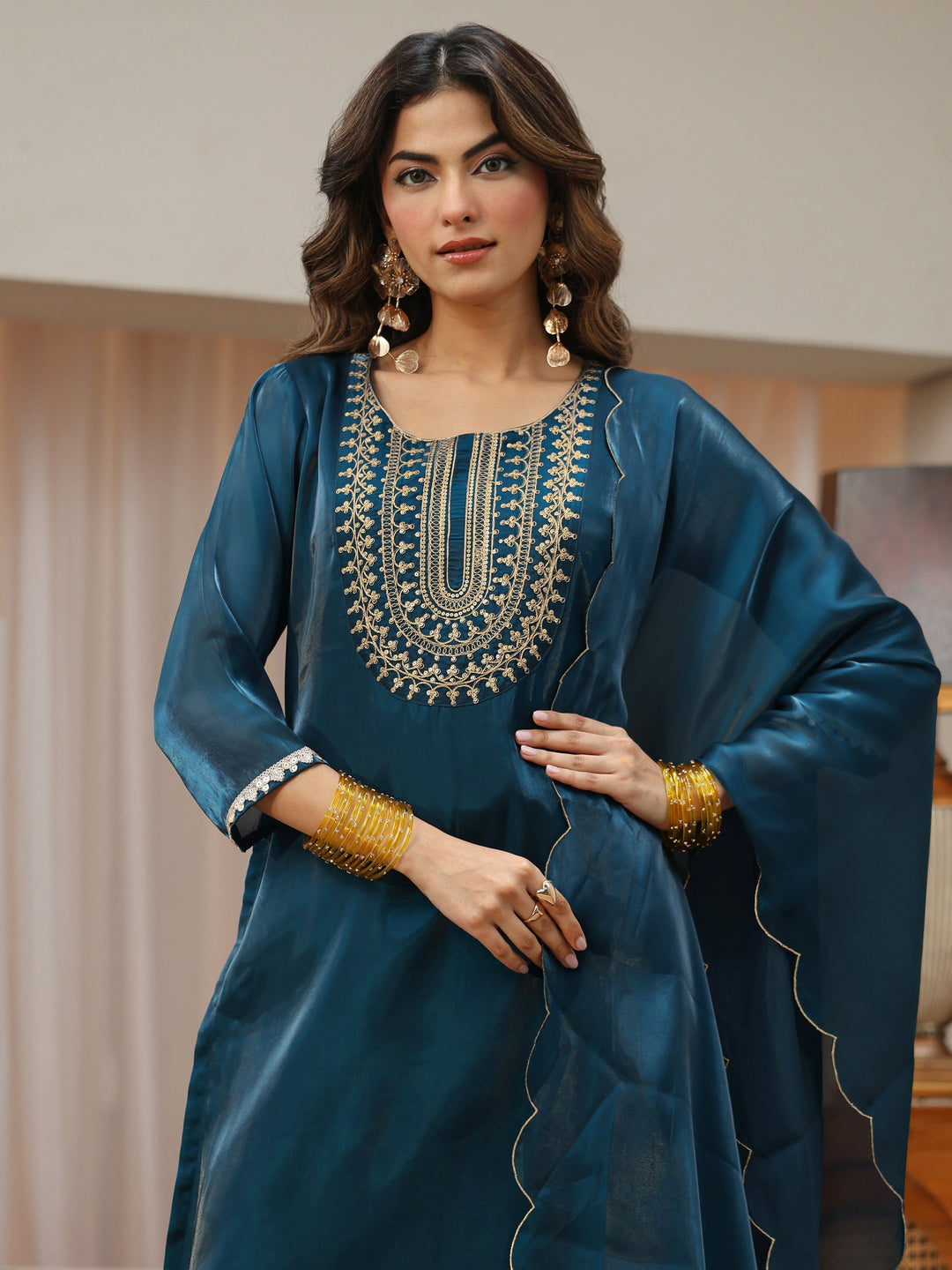  Navy Blue Yoke Design Tissue Straight Suit Set 