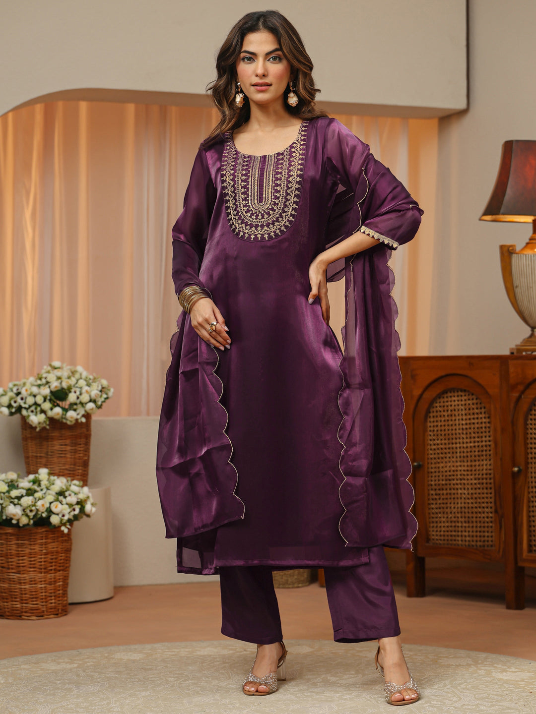  Burgundy Yoke Design Tissue Straight Suit Set 