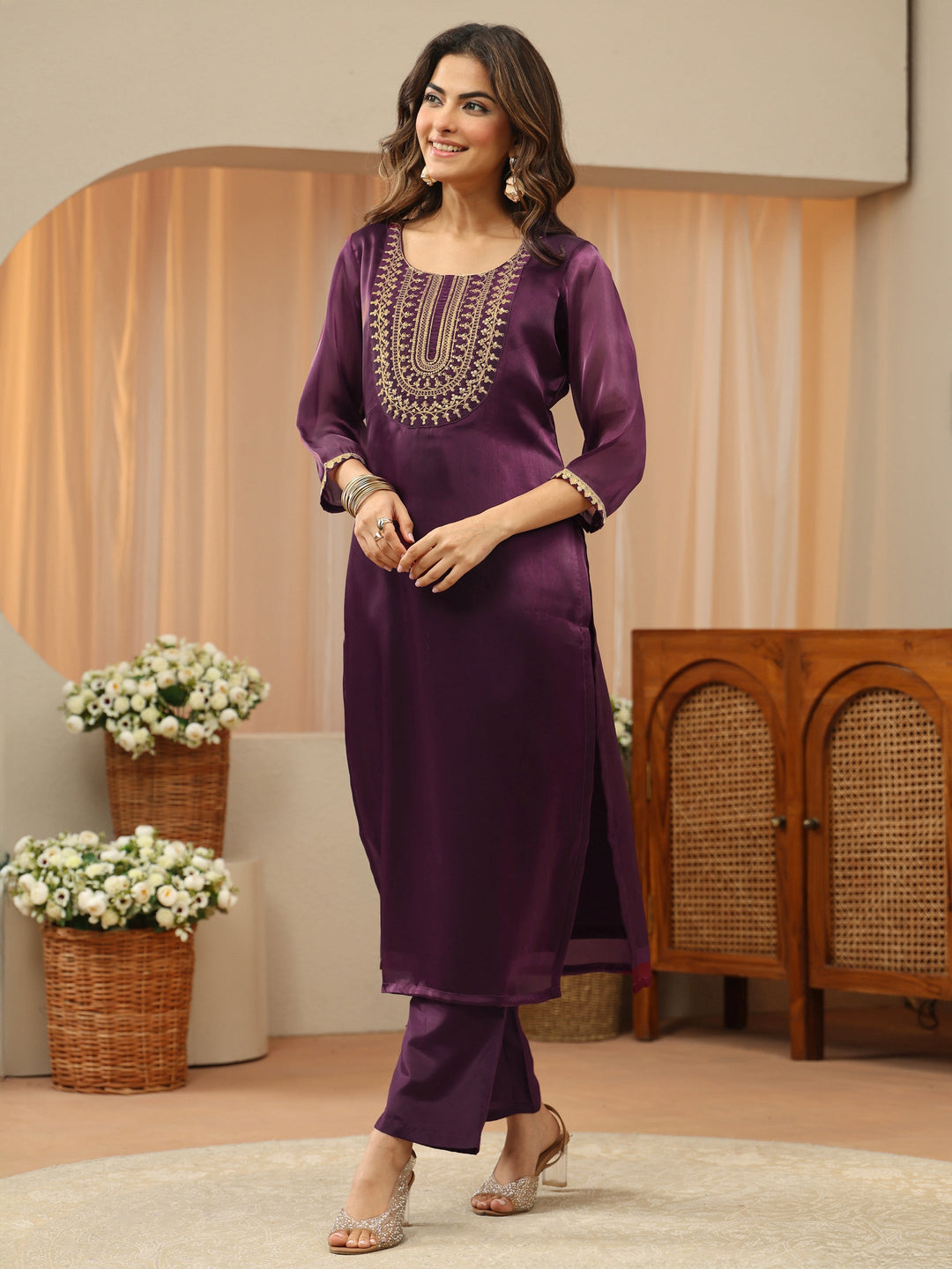  Burgundy Yoke Design Tissue Straight Suit Set 