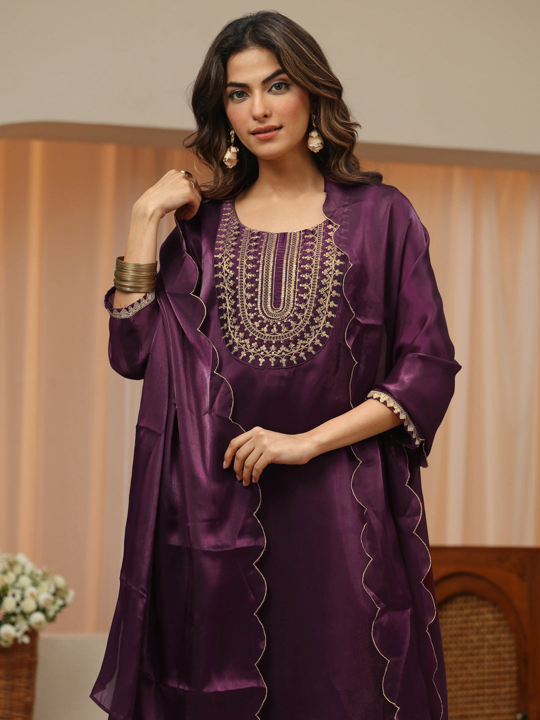  Burgundy Yoke Design Tissue Straight Suit Set 