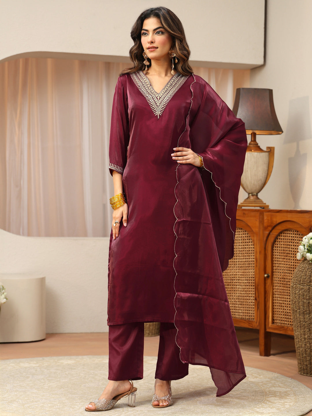  Maroon Yoke Design Tissue Straight Suit Set 