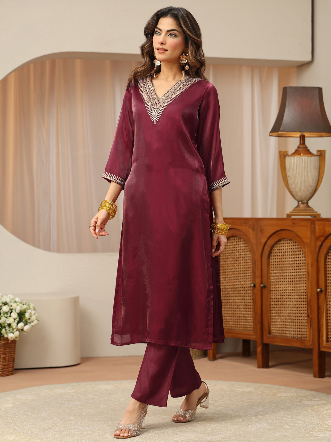  Maroon Yoke Design Tissue Straight Suit Set 