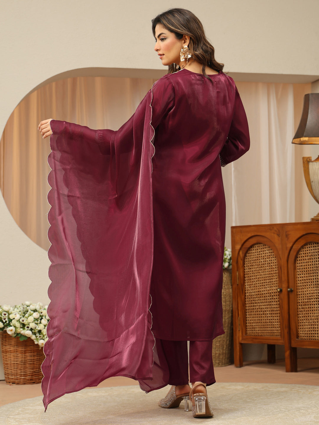  Maroon Yoke Design Tissue Straight Suit Set 