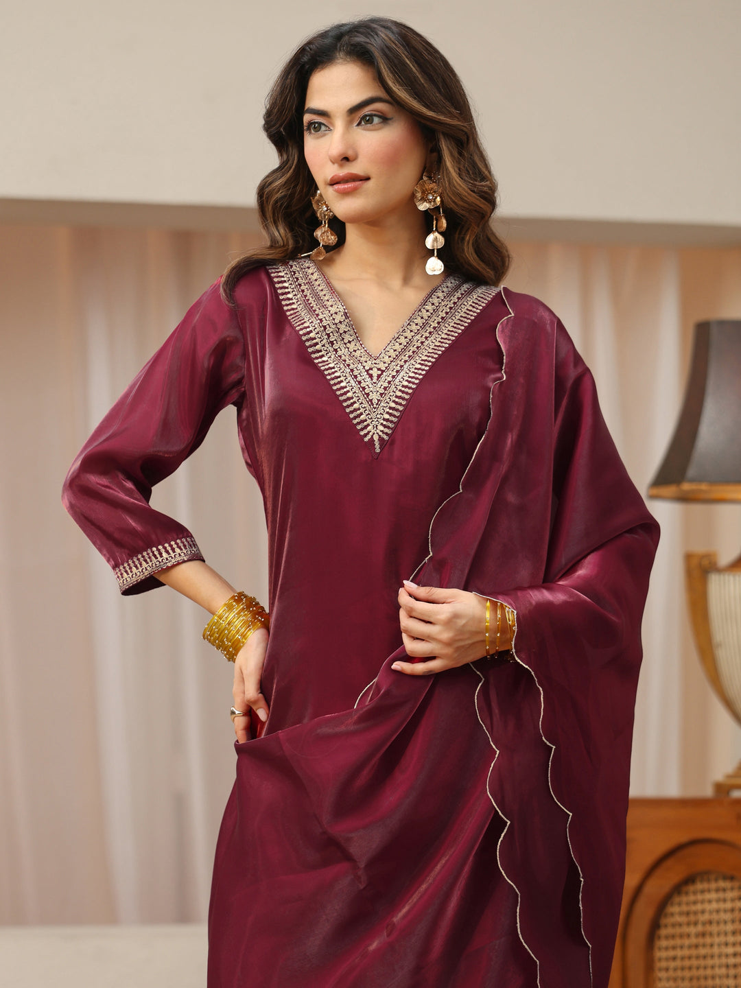  Maroon Yoke Design Tissue Straight Suit Set 