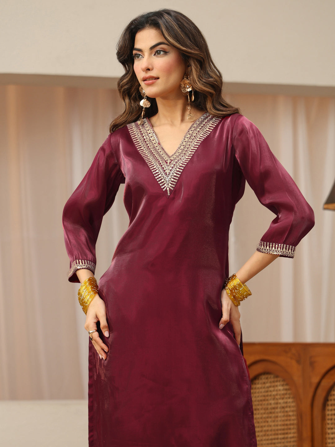  Maroon Yoke Design Tissue Straight Suit Set 
