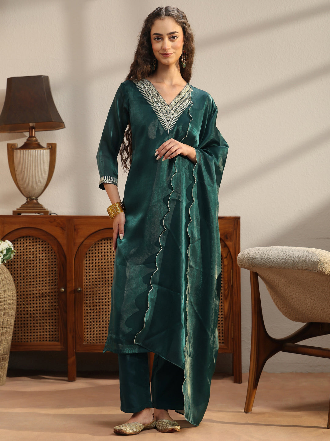  Teal Yoke Design Tissue Straight Suit Set 