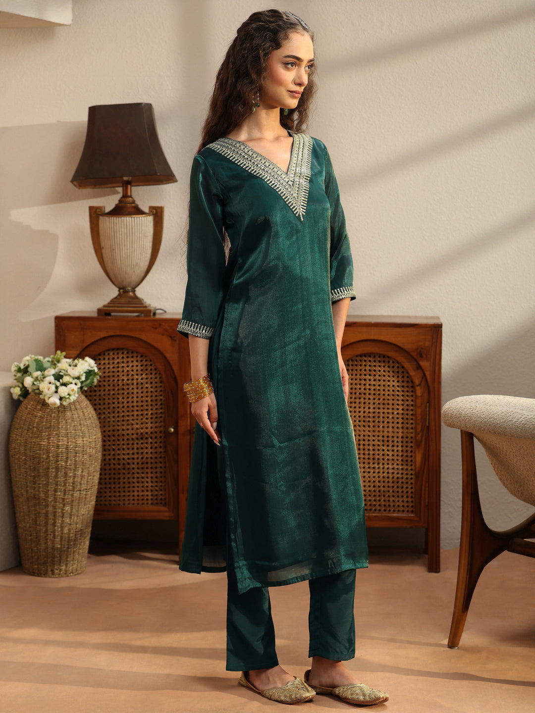  Teal Yoke Design Tissue Straight Suit Set 