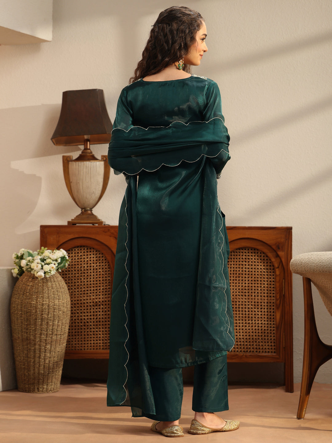  Teal Yoke Design Tissue Straight Suit Set 