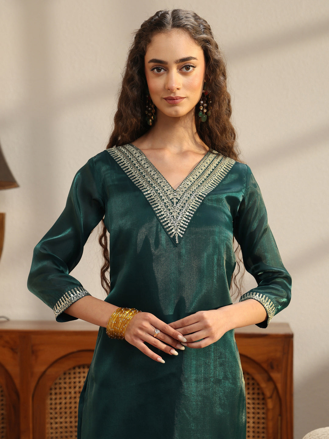  Teal Yoke Design Tissue Straight Suit Set 