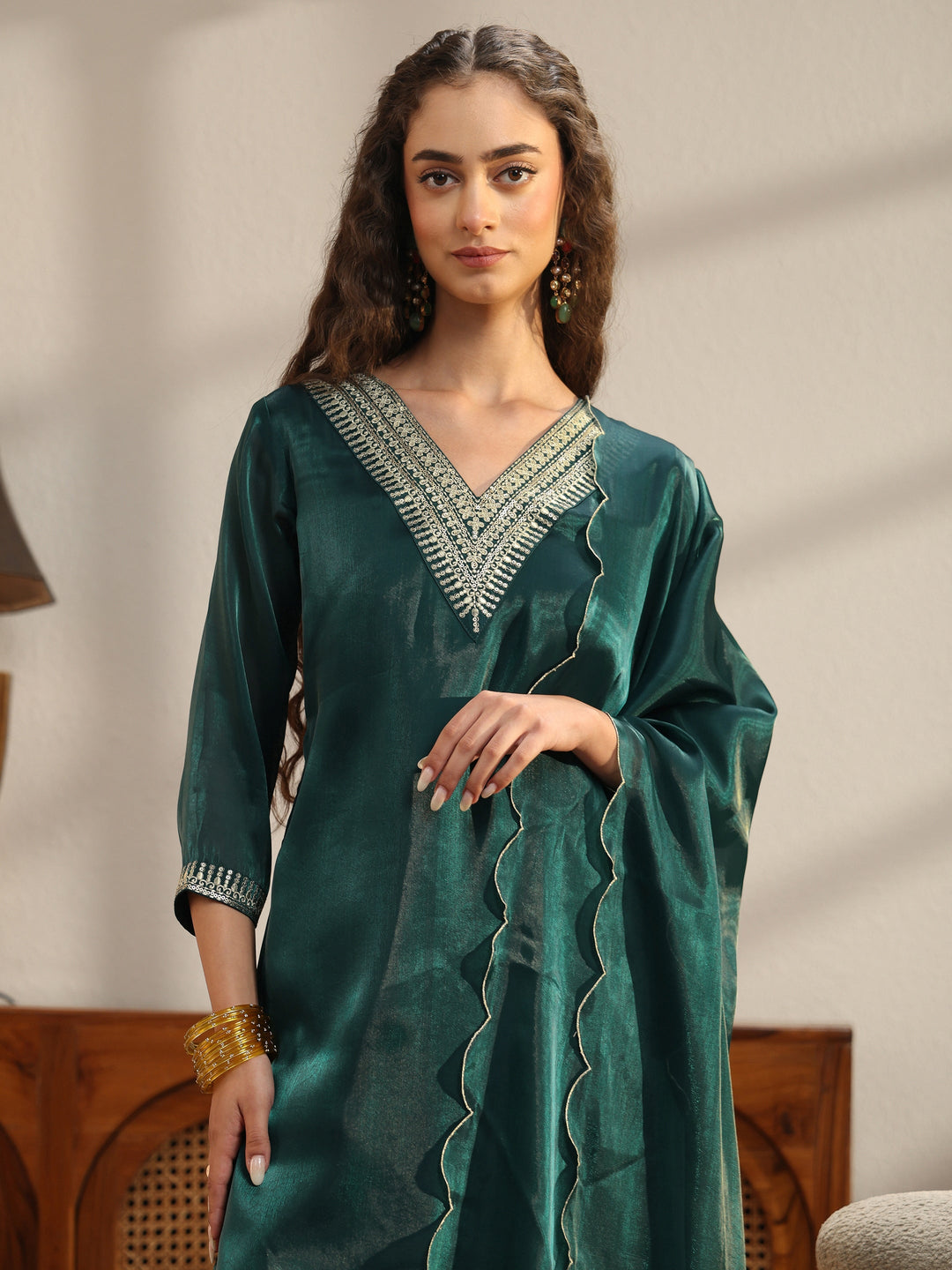  Teal Yoke Design Tissue Straight Suit Set 
