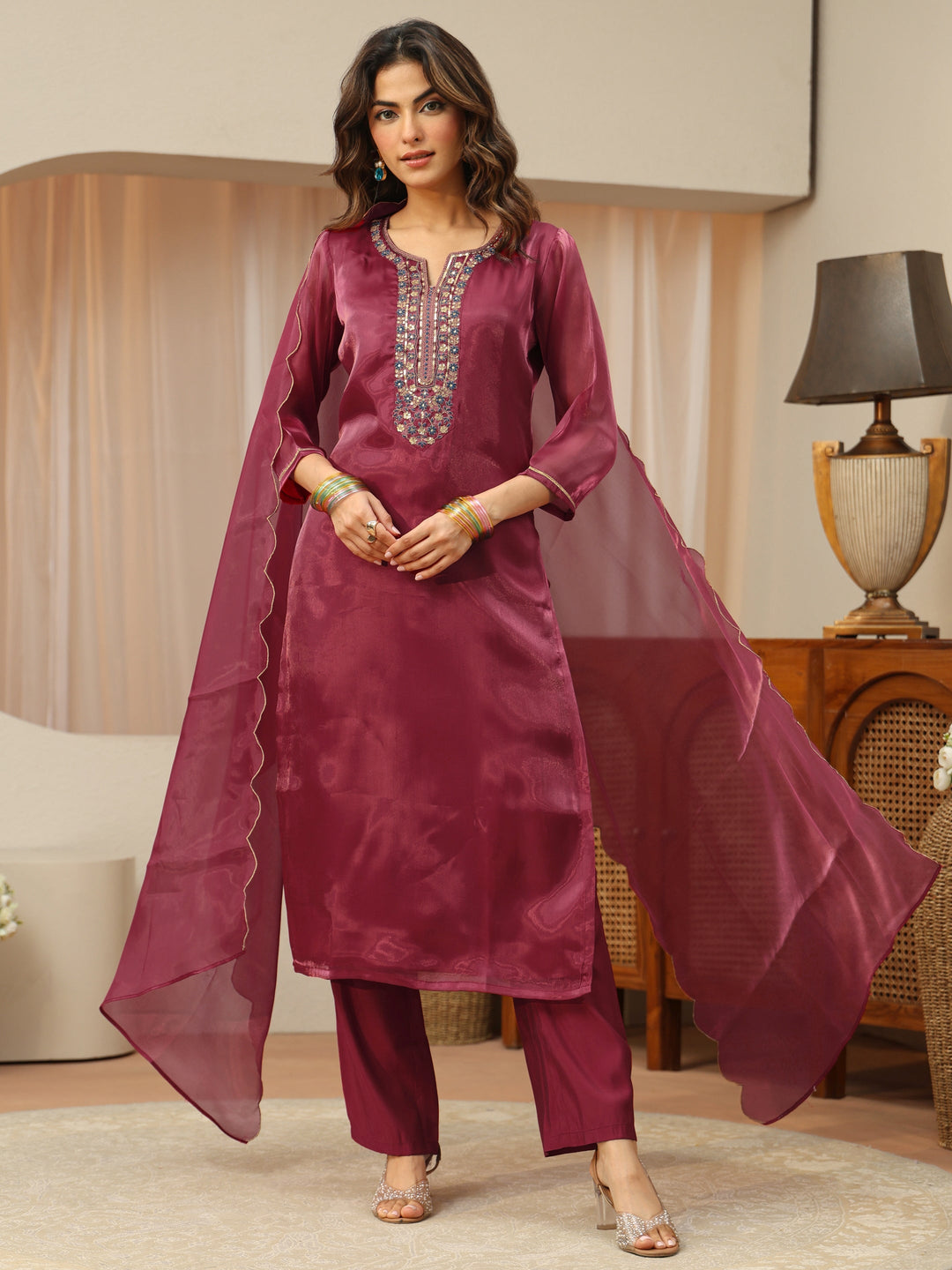  Maroon Yoke Design Tissue Straight Suit Set 