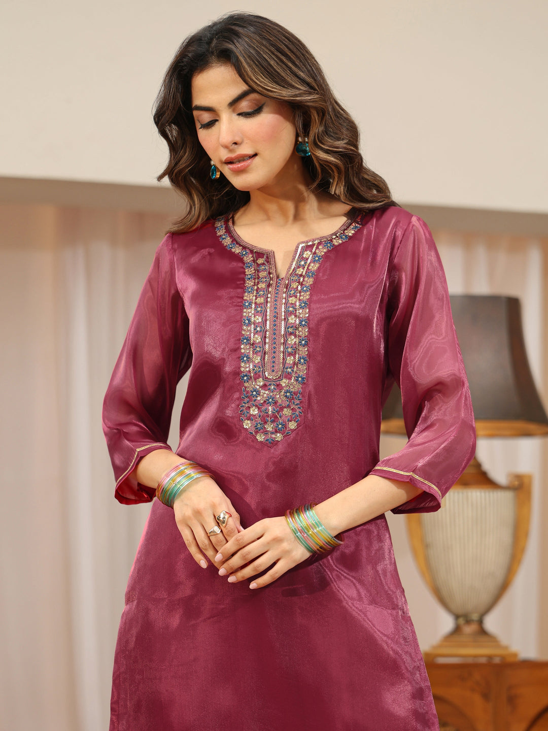  Maroon Yoke Design Tissue Straight Suit Set 