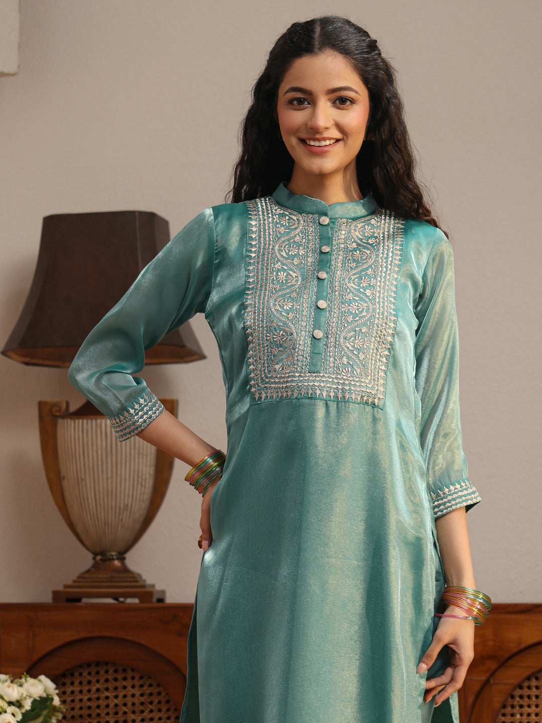  Blue Yoke Design Tissue Straight Suit Set 