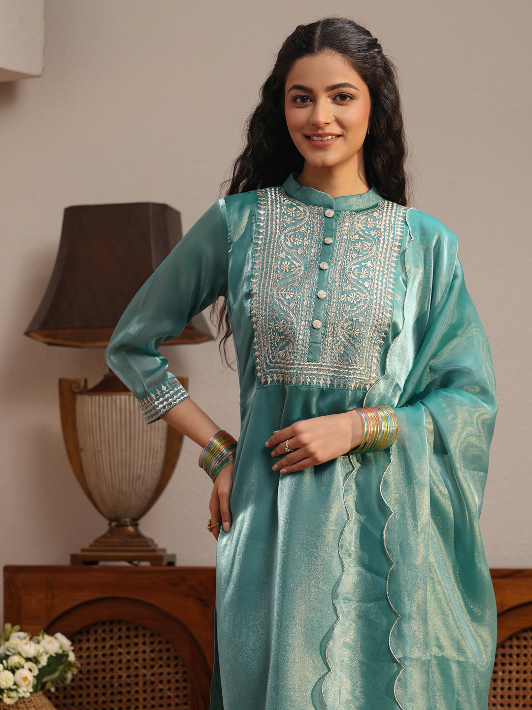  Blue Yoke Design Tissue Straight Suit Set 