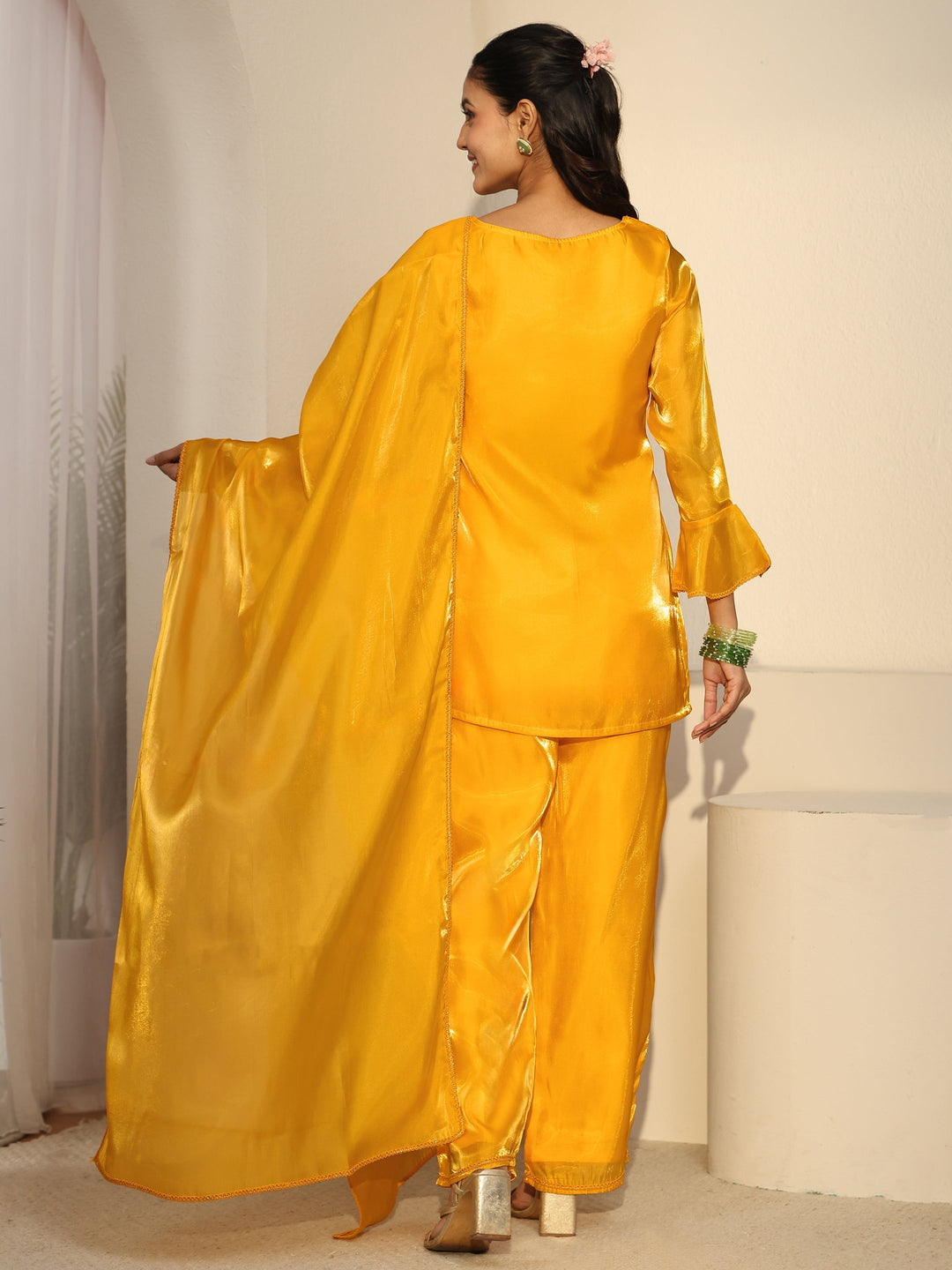  Gerua Sunshine Yellow Tissue Short Kurta Suit Set 