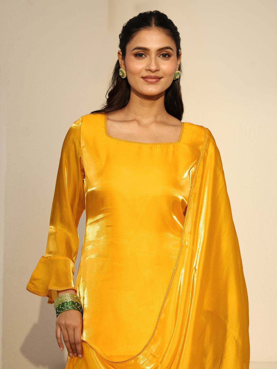  Gerua Sunshine Yellow Tissue Short Kurta Suit Set 
