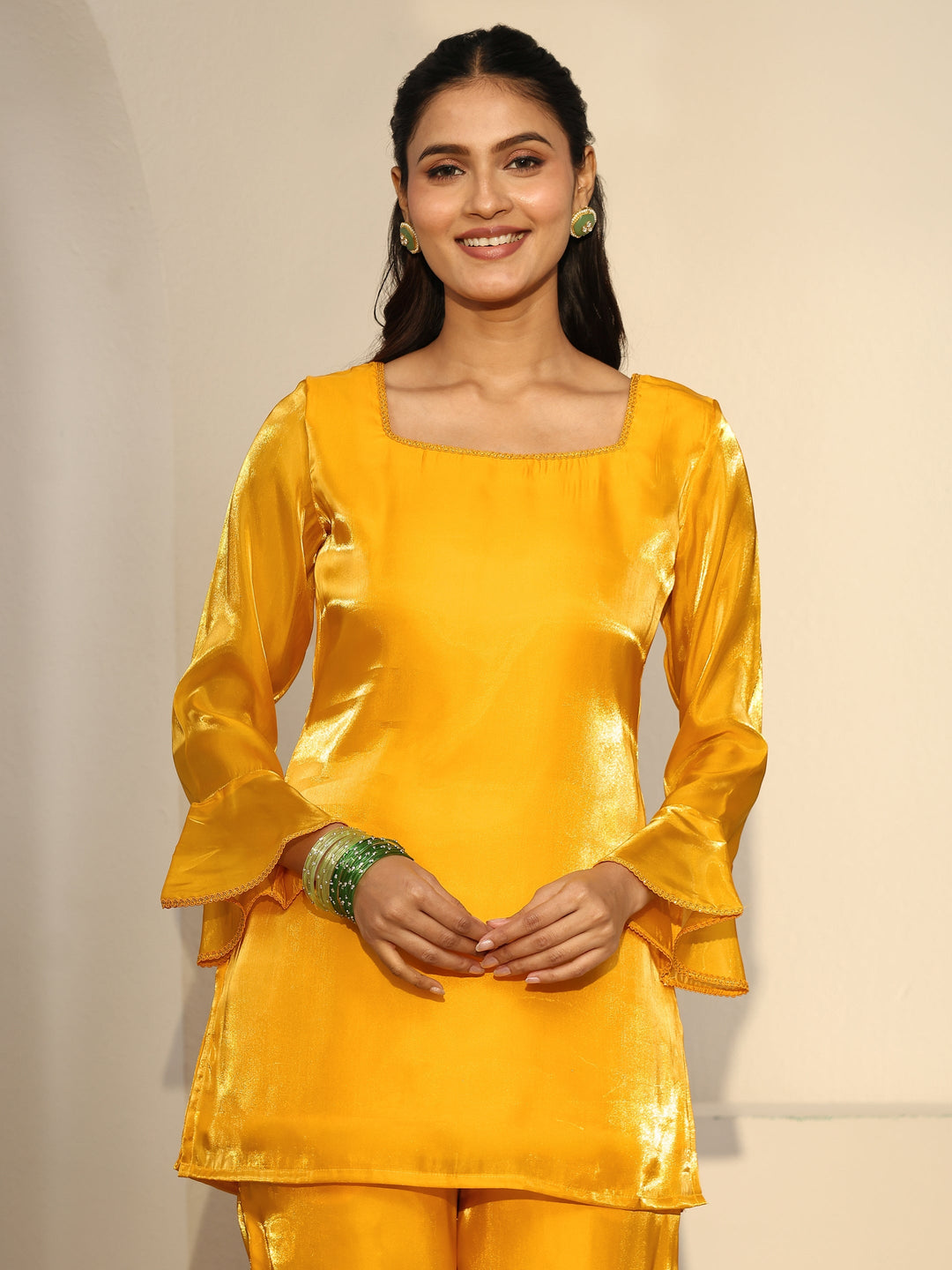  Gerua Sunshine Yellow Tissue Short Kurta Suit Set 