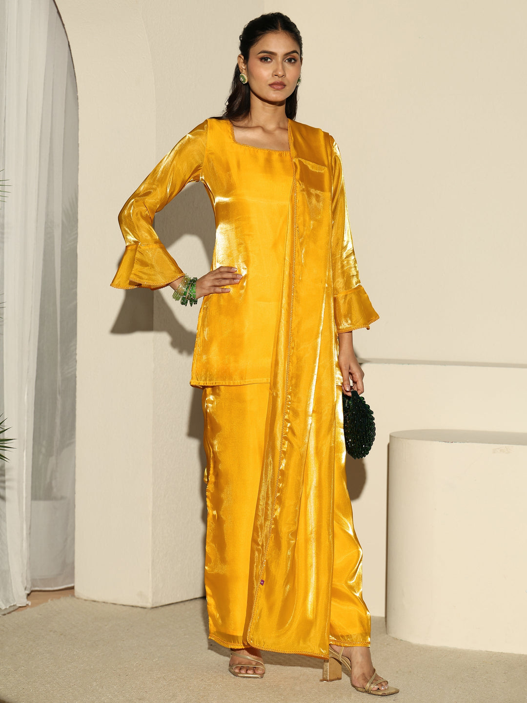  Gerua Sunshine Yellow Tissue Short Kurta Suit Set 