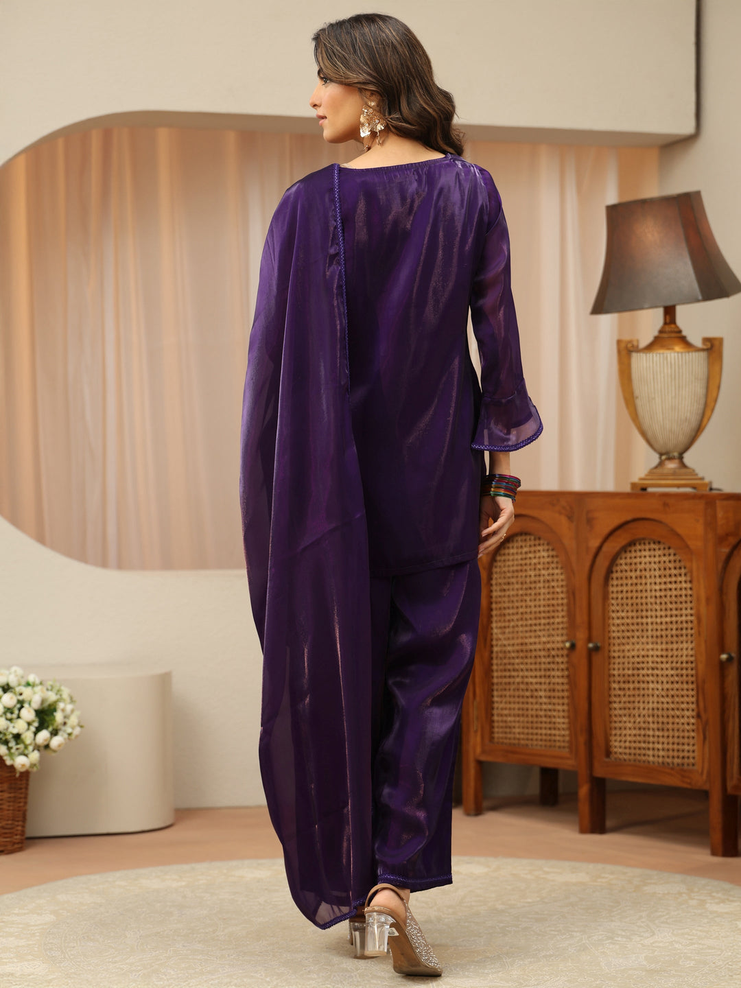 Purple Solid Tissue Palazzo Suit Set 
