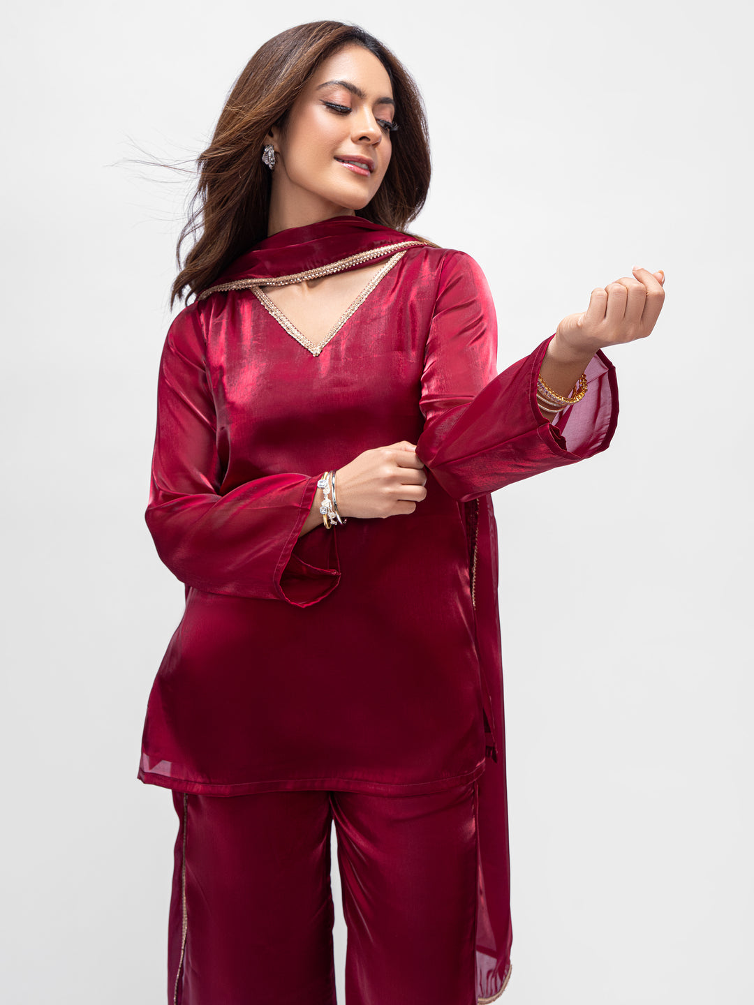  Gerua Maroon Solid Tissue Palazzo Suit Set 