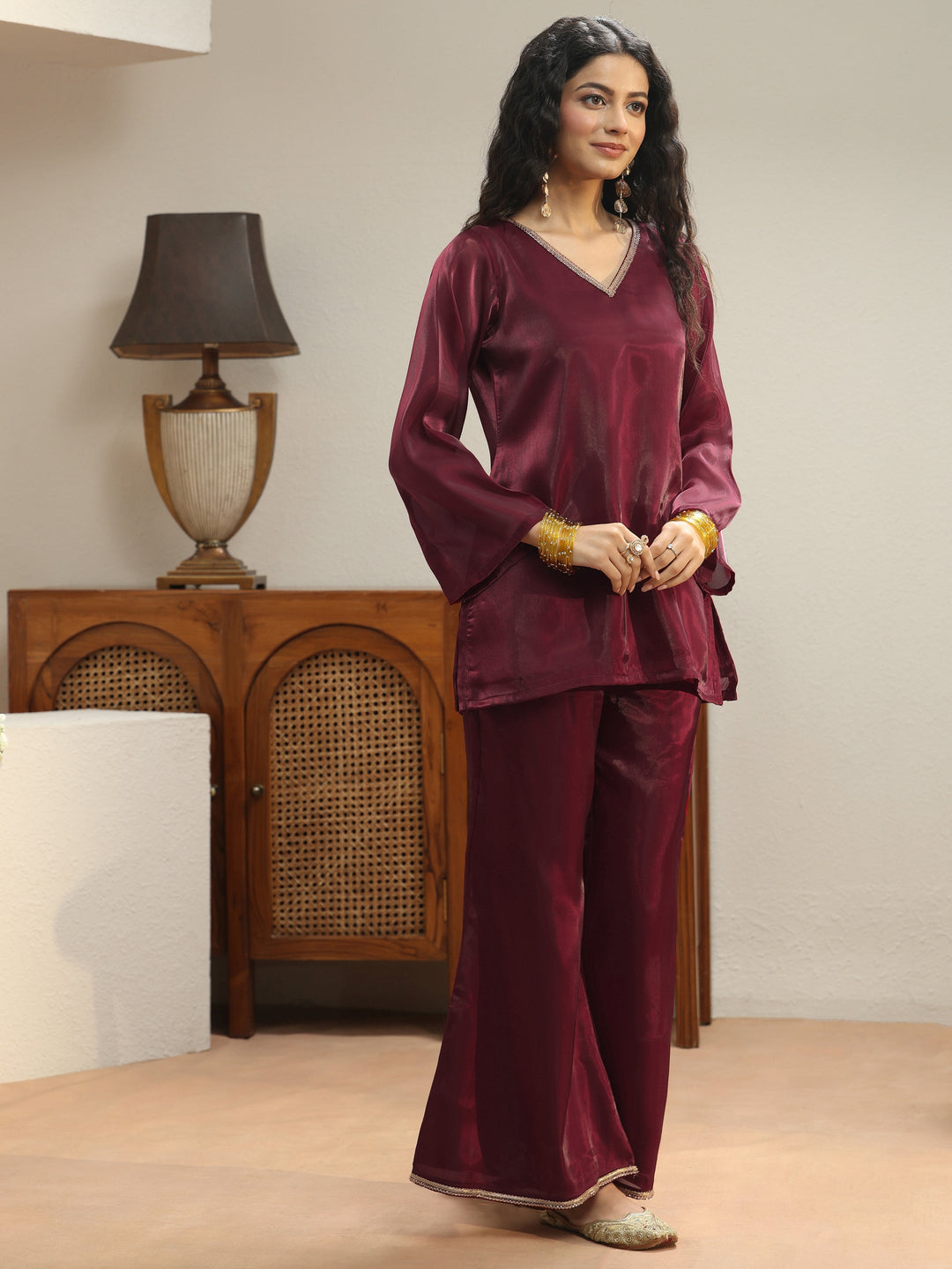  Maroon Solid Tissue Palazzo Suit Set 