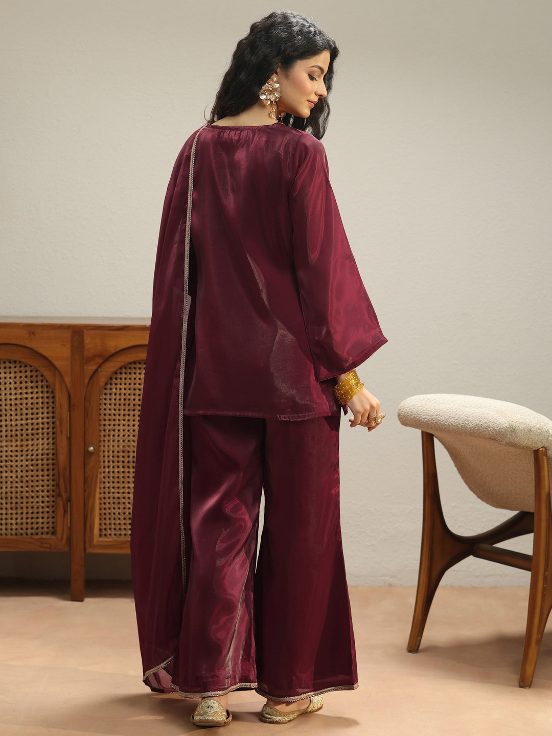  Maroon Solid Tissue Palazzo Suit Set 