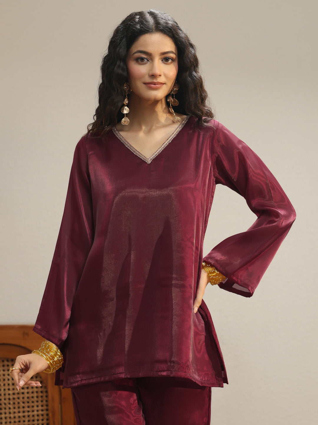  Maroon Solid Tissue Palazzo Suit Set 