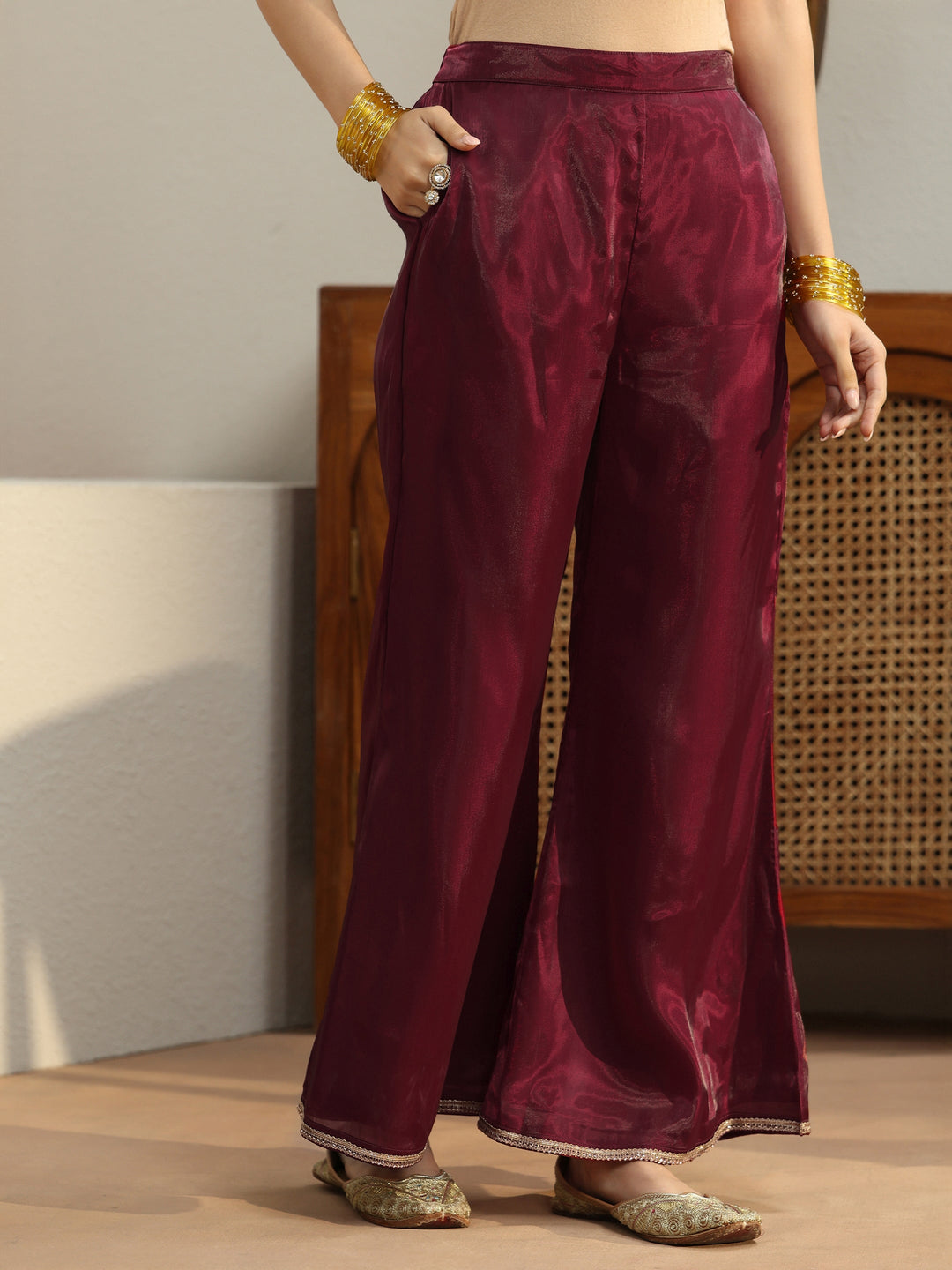  Maroon Solid Tissue Palazzo Suit Set 