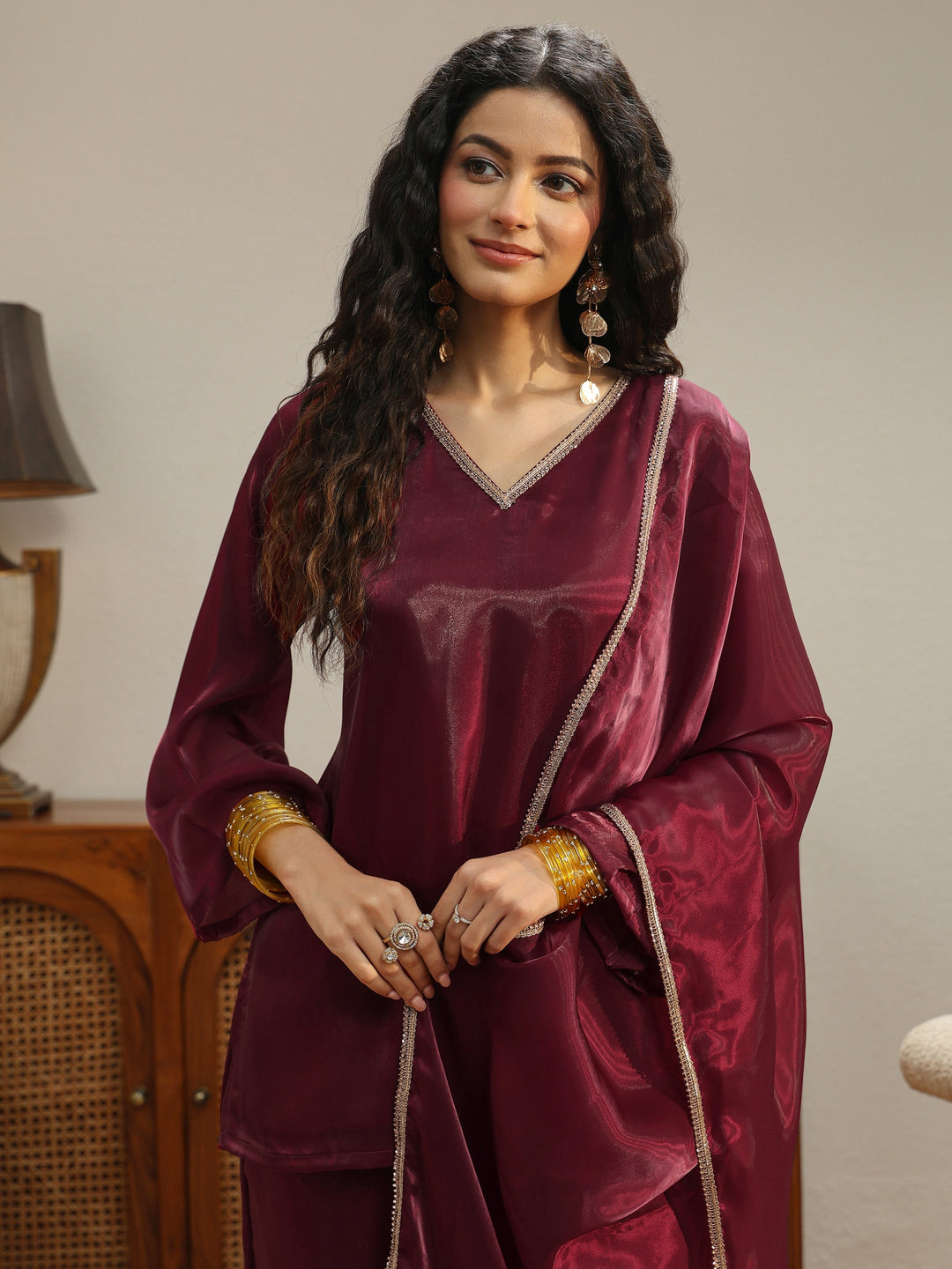  Maroon Solid Tissue Palazzo Suit Set 