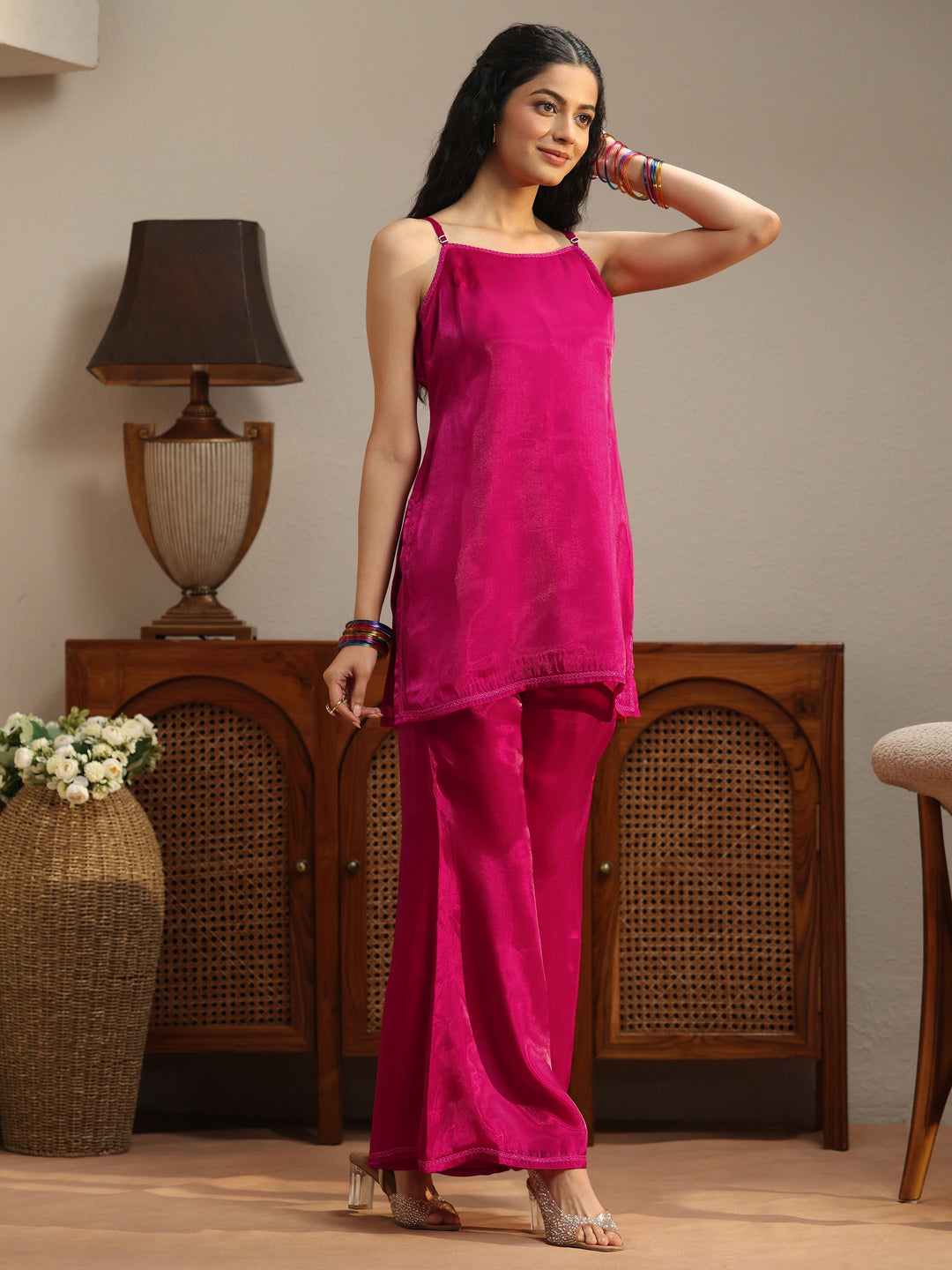  Pink Solid Tissue Palazzo Suit Set 