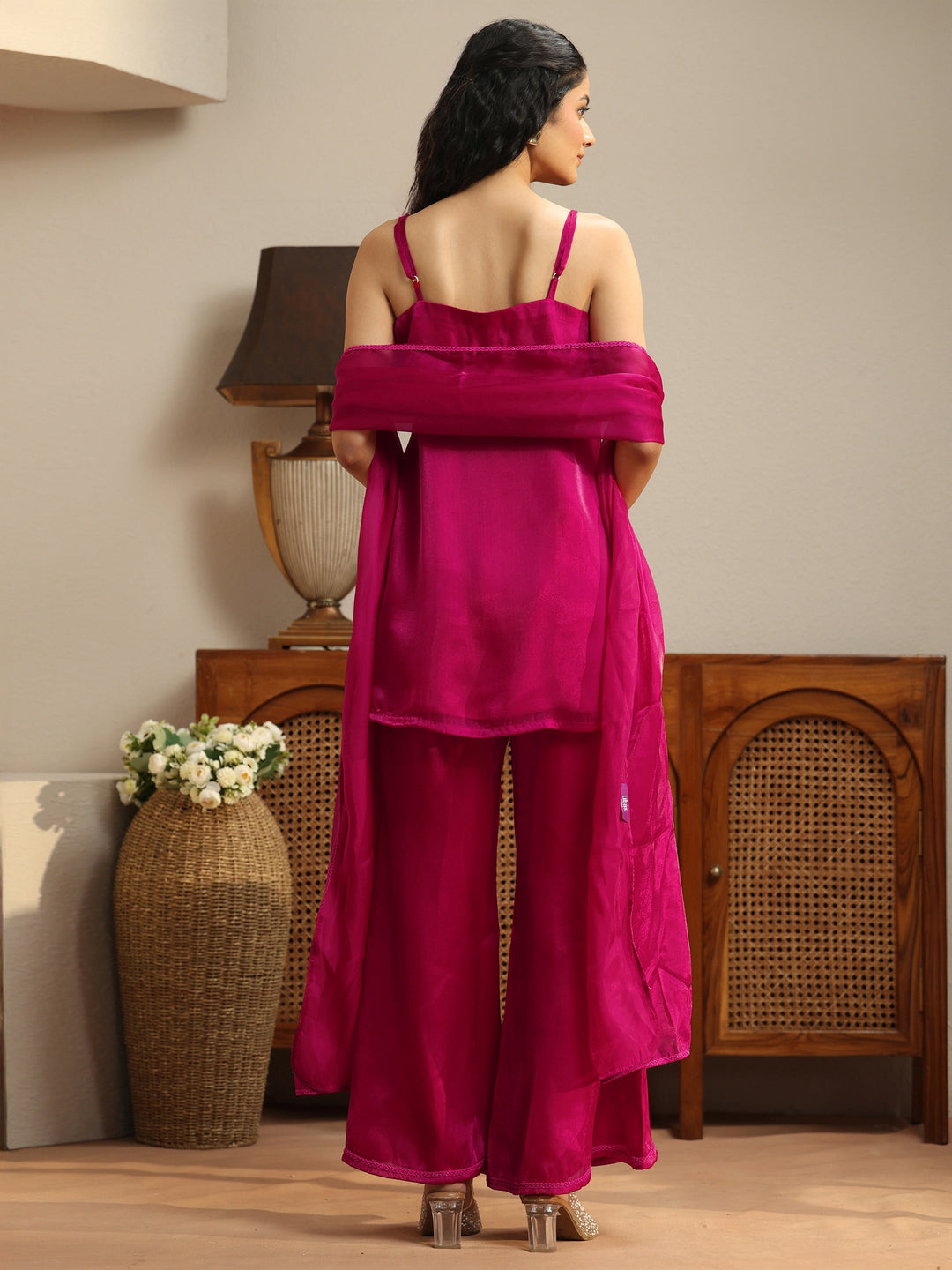  Pink Solid Tissue Palazzo Suit Set 