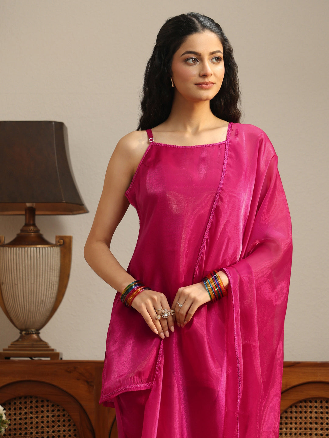  Pink Solid Tissue Palazzo Suit Set 