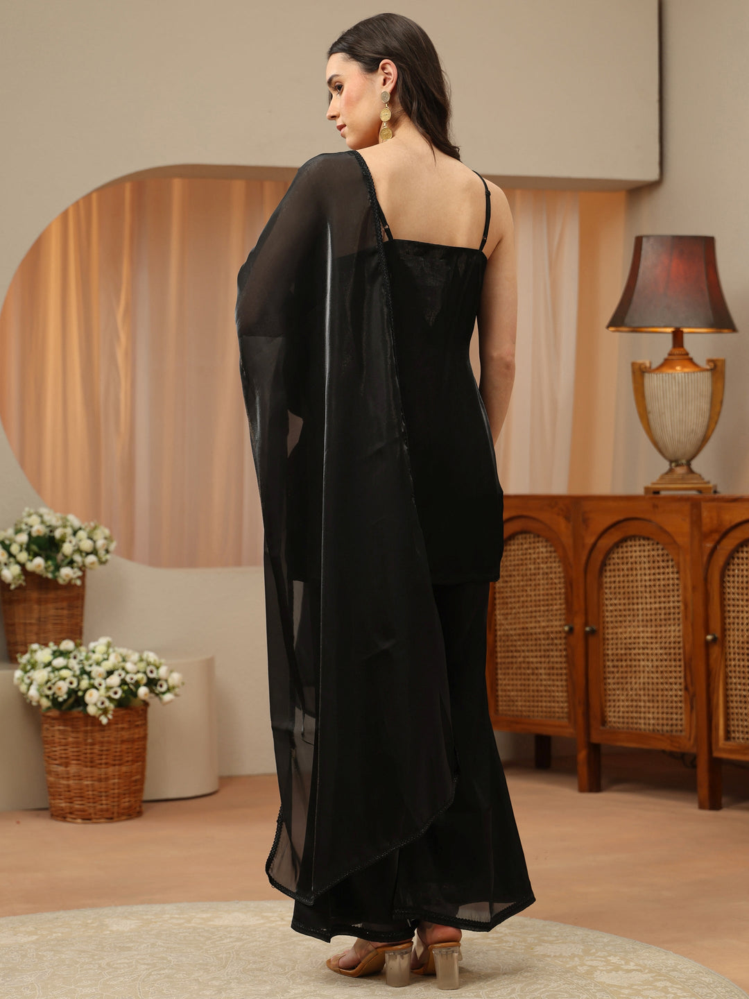  Black Solid Tissue Palazzo Suit Set 