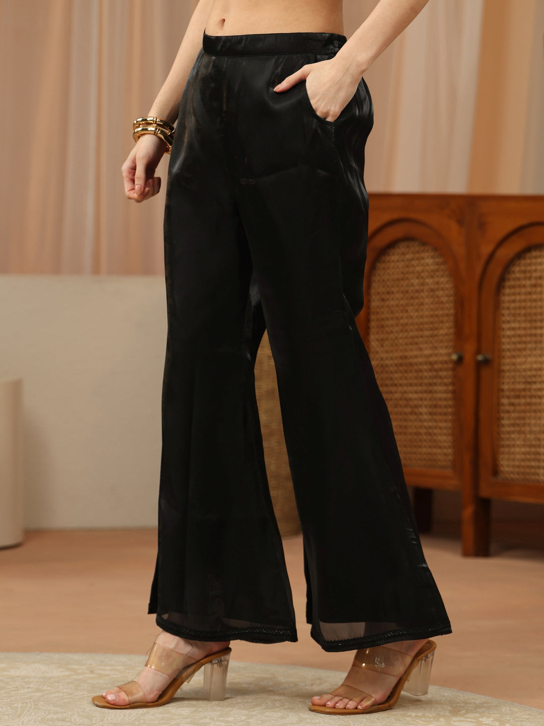  Black Solid Tissue Palazzo Suit Set 