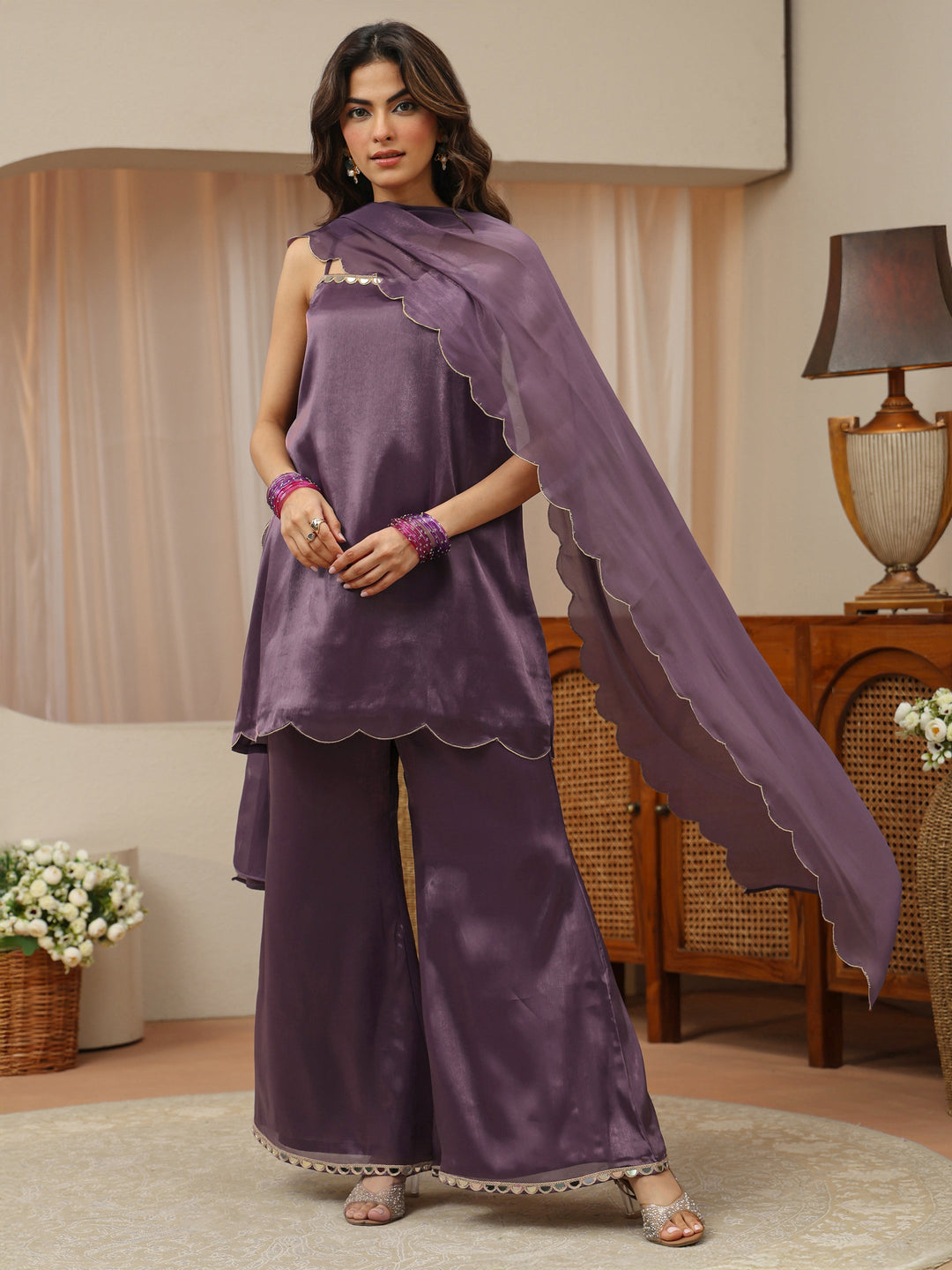  Purple Embellished Tissue Palazzo Suit Set 