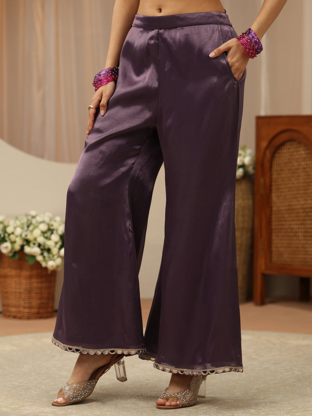  Purple Embellished Tissue Palazzo Suit Set 
