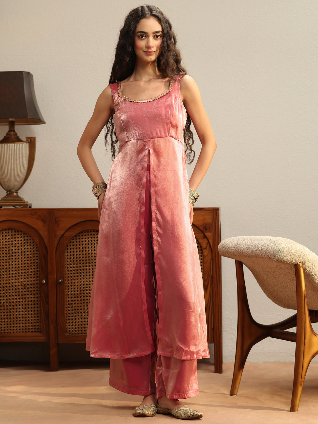 Peach Solid Tissue Front Slit A-Line Kurta Set 