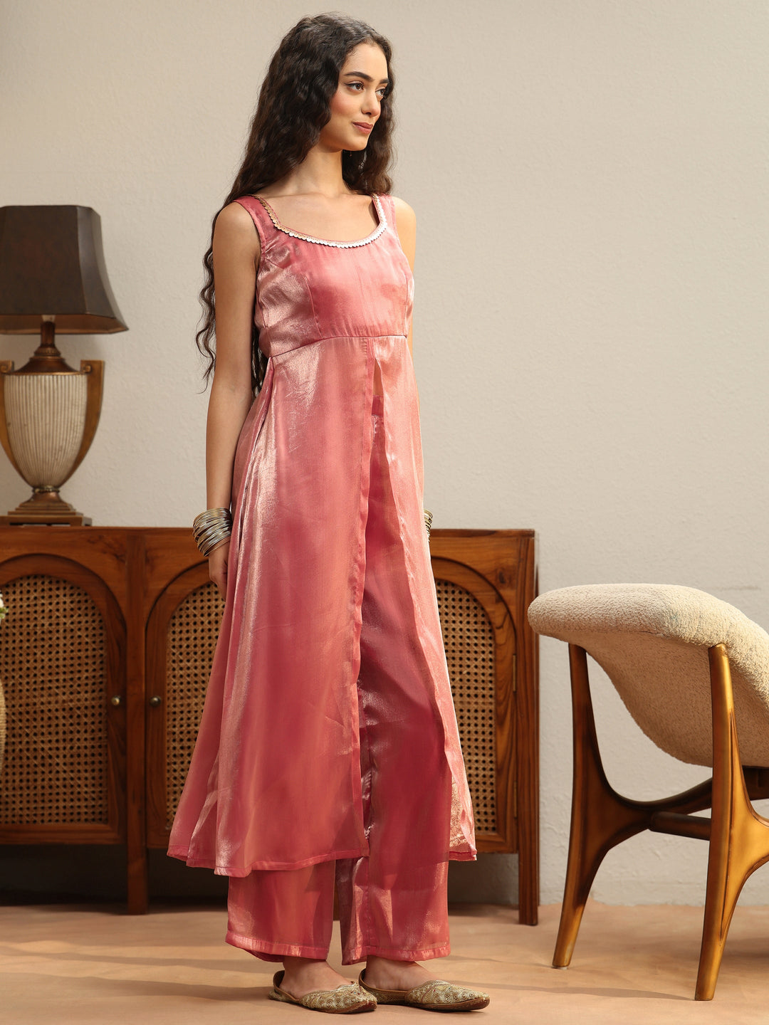  Peach Solid Tissue Front Slit A-Line Kurta Set 