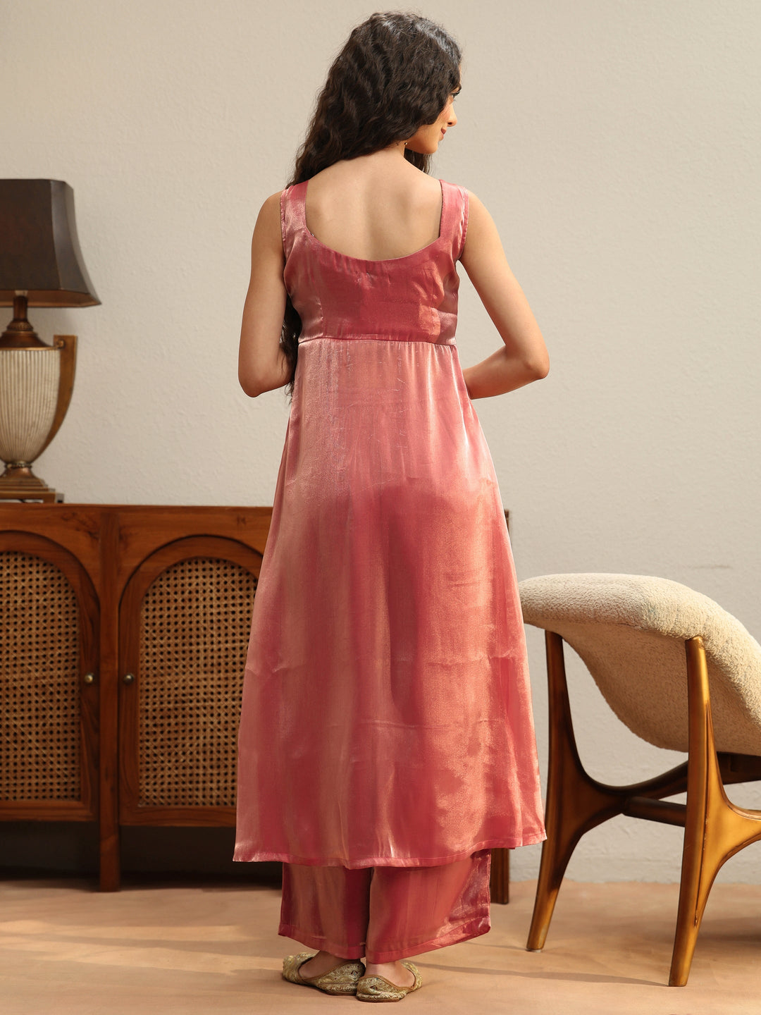  Peach Solid Tissue Front Slit A-Line Kurta Set 