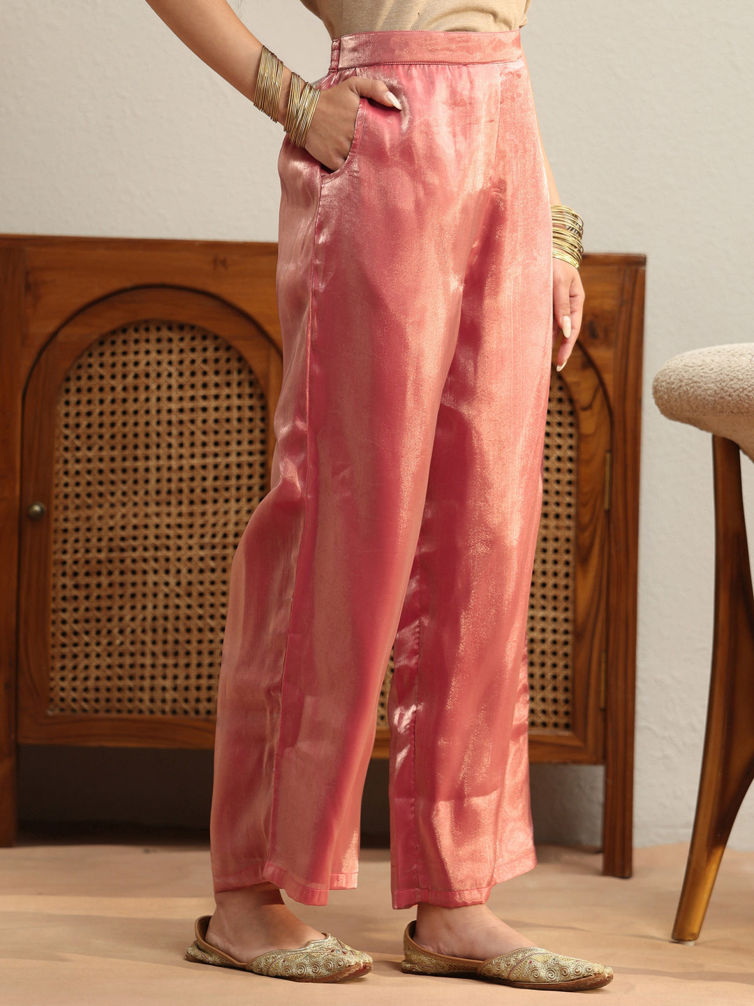  Peach Solid Tissue Front Slit A-Line Kurta Set 