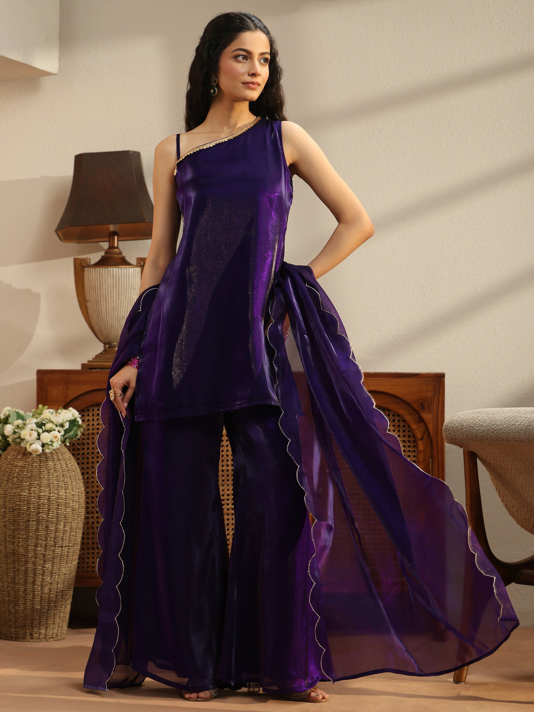  Purple Solid Tissue One Shoulder Palazzo Suit Set 