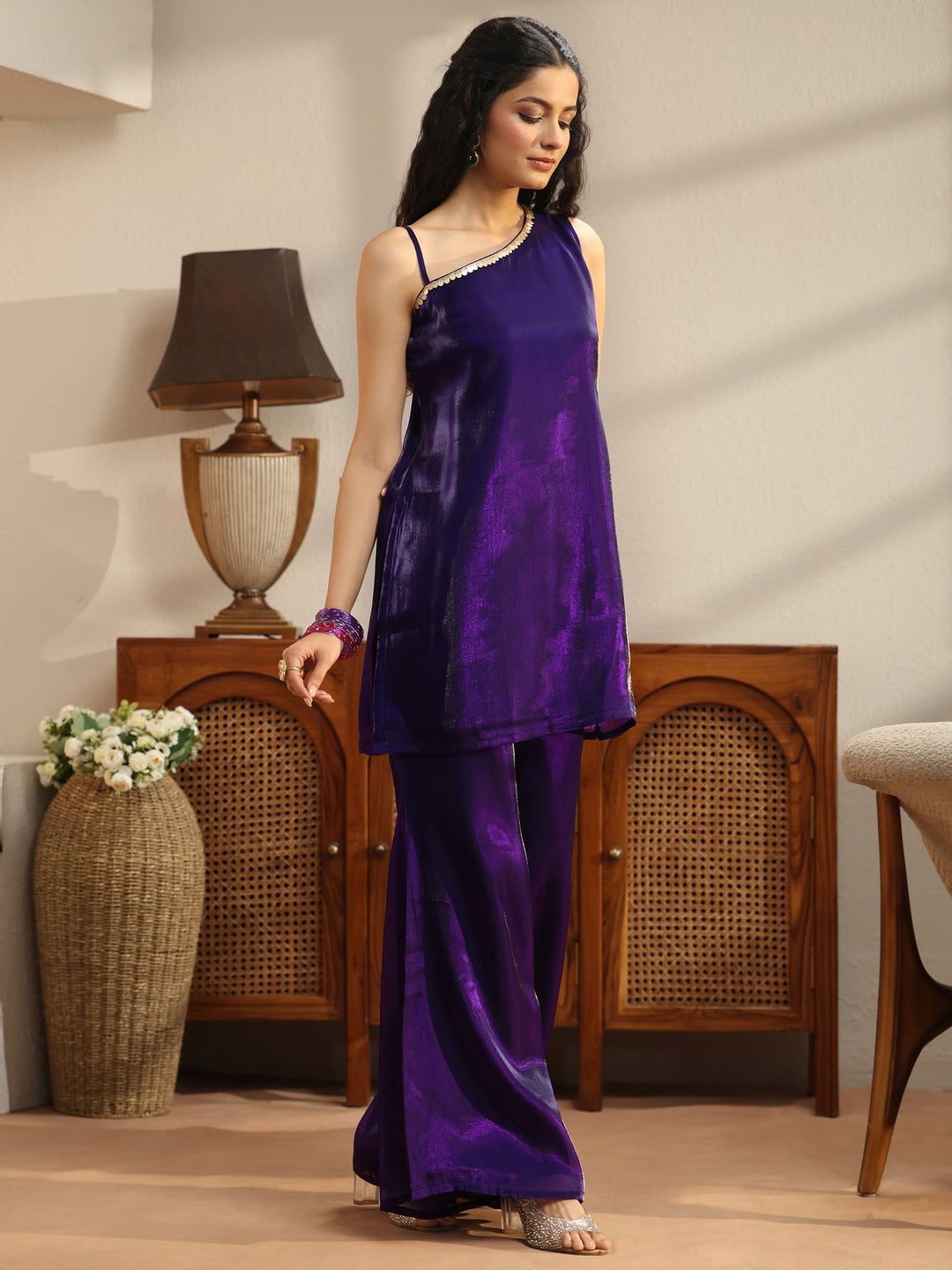  Purple Solid Tissue One Shoulder Palazzo Suit Set 