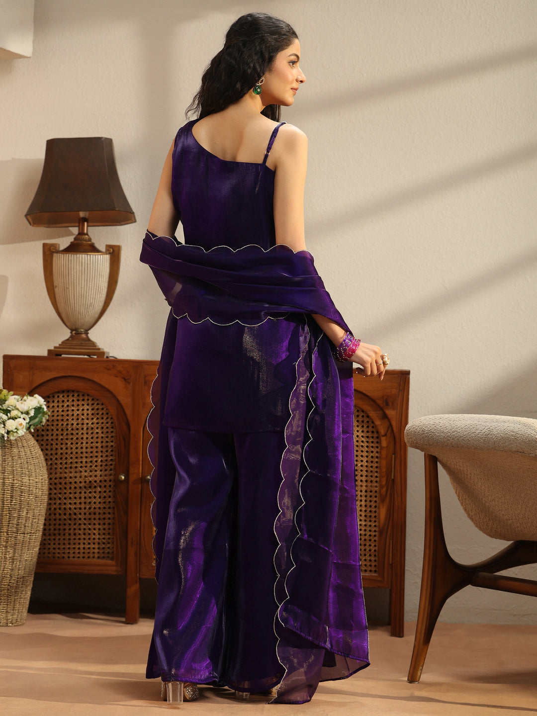  Purple Solid Tissue One Shoulder Palazzo Suit Set 