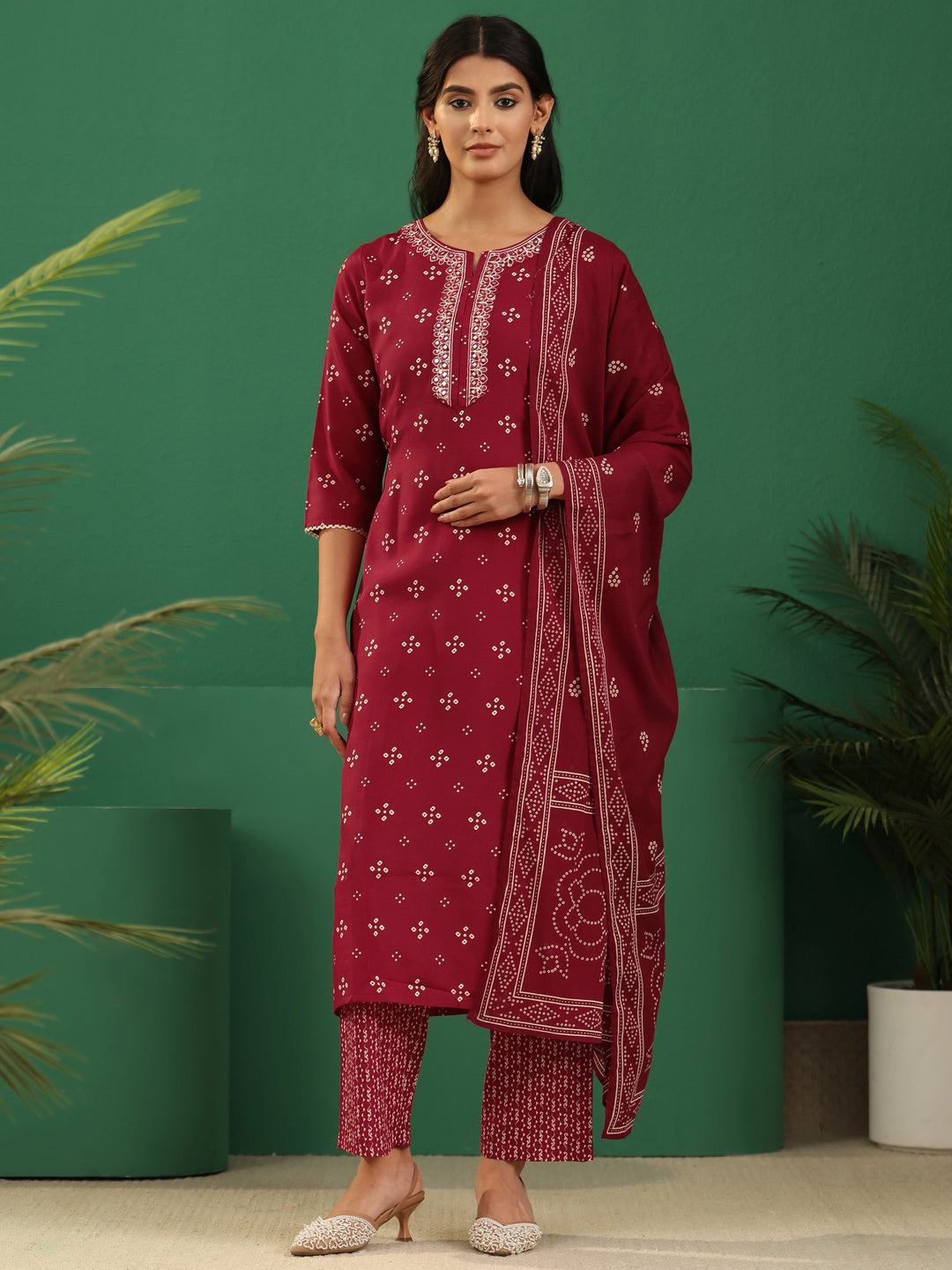  Gerua Crimson Red Bandhani Cotton Blend Straight Suit Set 