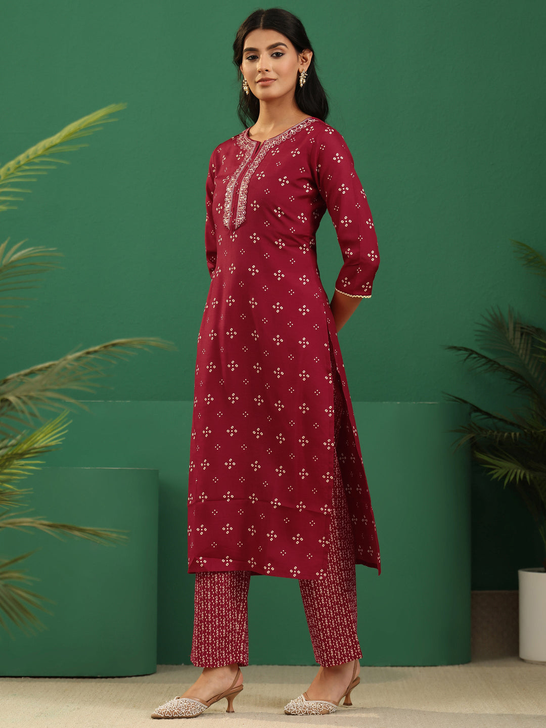  Gerua Crimson Red Bandhani Cotton Blend Straight Suit Set 