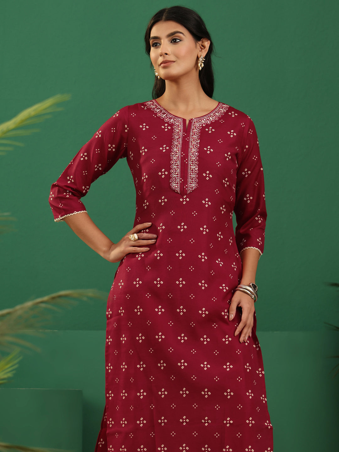  Gerua Crimson Red Bandhani Cotton Blend Straight Suit Set 