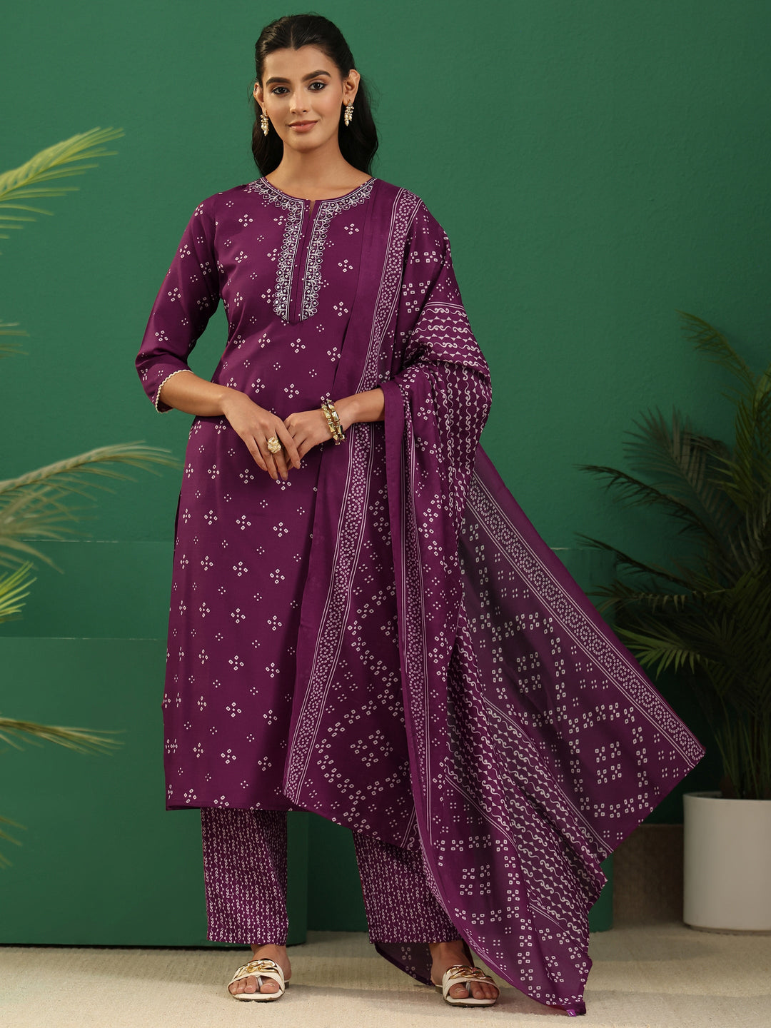  Gerua Plum Purple Bandhani Printed Cotton Blend Straight Suit Set 