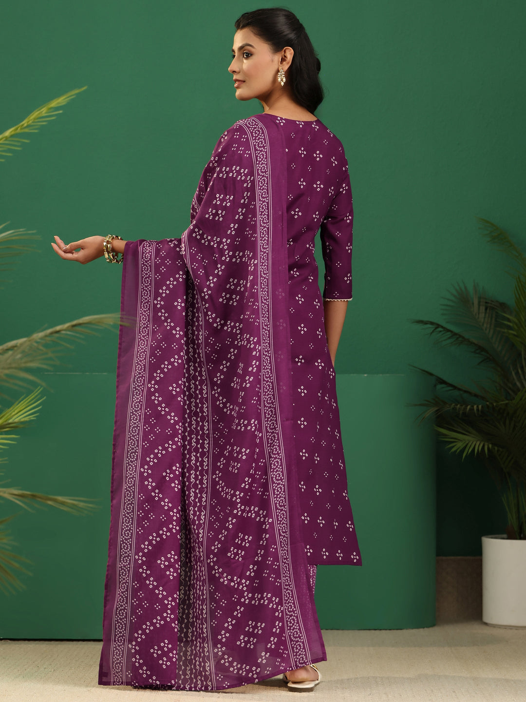  Gerua Plum Purple Bandhani Printed Cotton Blend Straight Suit Set 